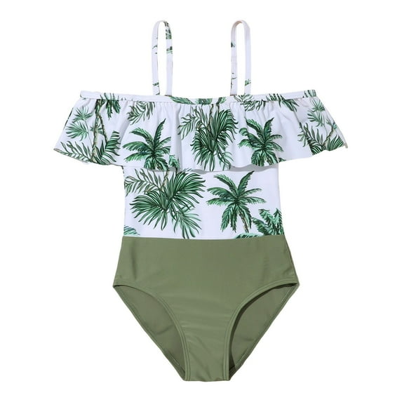 Hbdhejl Summer Casual Swimsuit For Girls Big Kids Tree Floral Ruffle Swimsuit Thin Straps Leaves Print High Waist Bathing Suit 9-10 Years