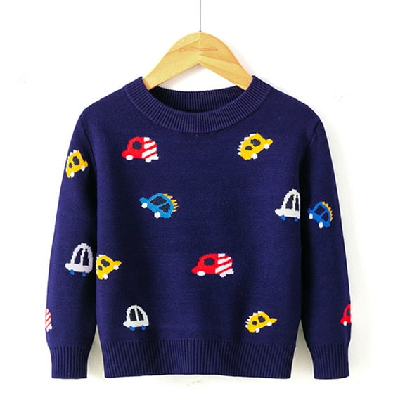 Hbdhejl Sweater For Boys Cartoon Cars Prints Sweater Long Sleeve Warm Knitted Pullover Knitwear Tops Sweater Dark Blue 2-3 Years