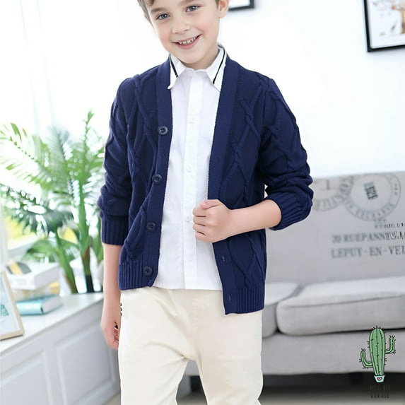 Bysome Sweater For Boys Kids Cardigan Sweater Button Down Cable Knit V Neck Long Sleeve Outwear Blue 2-3 Years