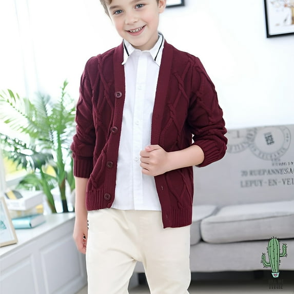 Hbdhejl Sweater For Boys Kids Cardigan Sweater Button Down Cable Knit V Neck Long Sleeve Outwear Red 4-5 Years