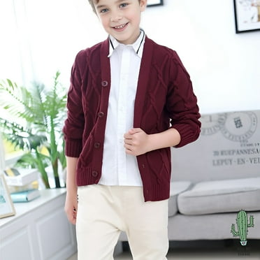 Hbdhejl Sweater For Boys Kids Cardigan Sweater Button Down Cable Knit V Neck Long Sleeve Outwear Red 7-8 Years