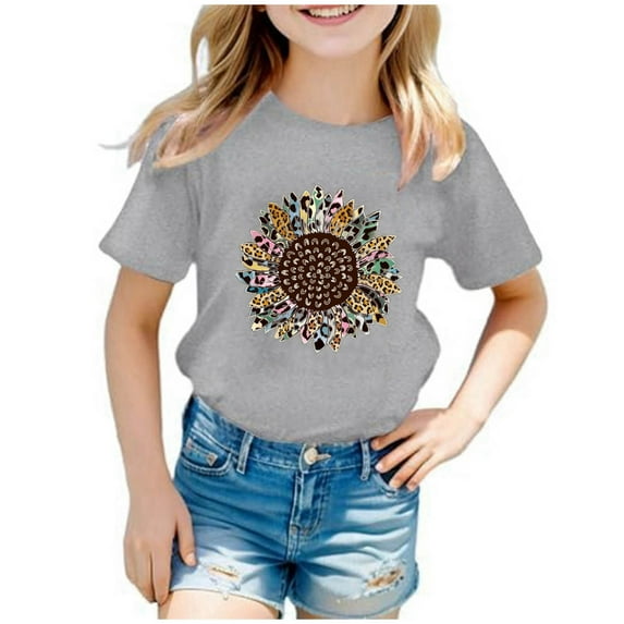 Bysome T Shirts For Boys Girls Tops Kids Casual Sunflower Print Crew Neck Short Sleeve Tshirt Top Grey 11-12 Years
