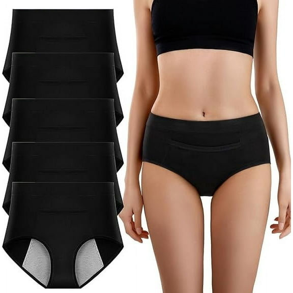 Hbhpov Women's Period Underwear Cotton Leakproof Briefs with Pocket - Mid Waist, 5 Pack, Size S-XXL