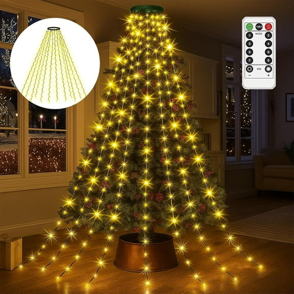 Hbtdoern Christmas Tree Waterfall Lights with Ring, Led Cascading Twinkle Lights for Christmas Tree with Remote, Waterproof Plug in Fairy Xmas Light for Indoor/Outdoor