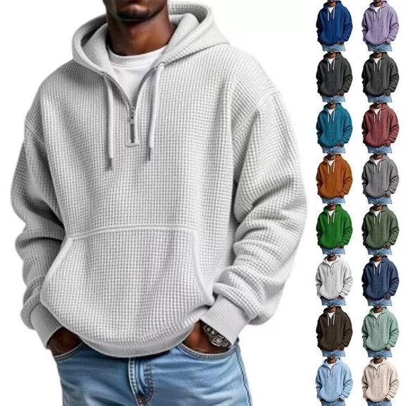 Hbtdoern Mens Textured Knit Hoodie Quarter Zip Pullover, Long Sleeve Loose Fit  Sweatshirt with Pockets Casual Comfort Hooded Top