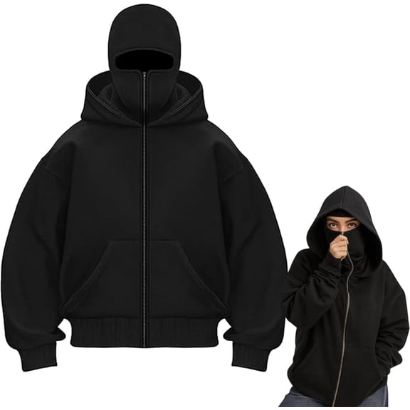 Hbtdoern Zip Up Hoodie with Built-in Balaclava, Unisex Windproof Double Hooded Jacket, Winter Warm Hoodie with Mask
