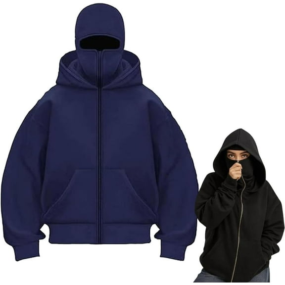 Hbtdoern Zip Up Hoodie with Built-in Balaclava, Unisex Windproof Double Hooded Jacket, Winter Warm Hoodie with Mask