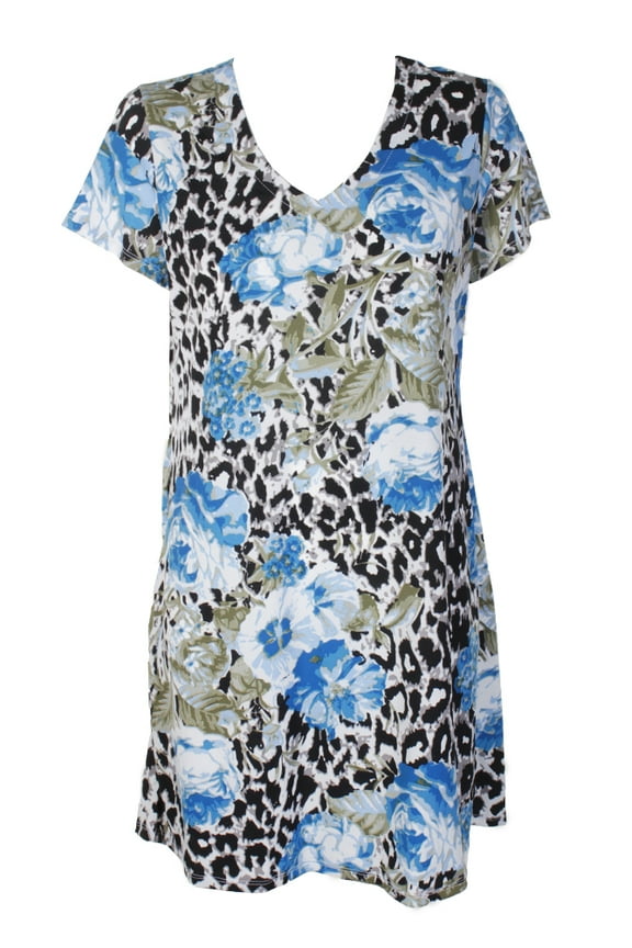 Blue Multi Short-Sleeve V Neck Shift Dress M