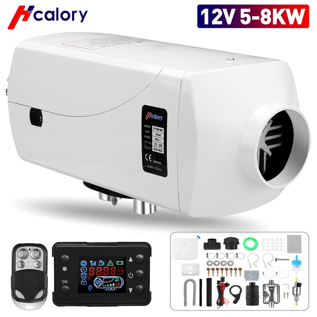 HCalory 12V 2KW-5KW-8KW Justerbar Diesel Parkeringsvarmer, Nyeste Blå LCD  Switch