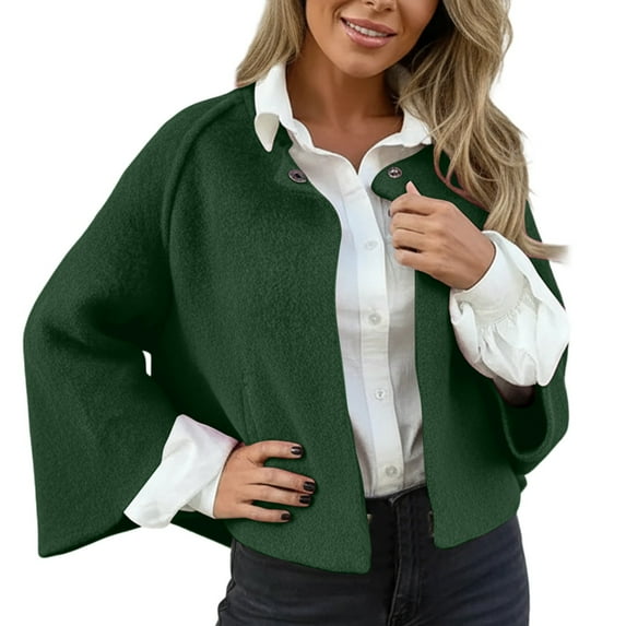 HJYCHN Autumn Winter Cardigan Short-Length Coat Solid Color Long Sleeve Outerwear Cozy Loose Fit Knit Sweater Jacket Top for Women Dark Green M