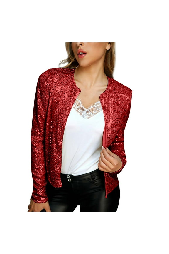 Autumn Women Cardigan Elegant Stand Collar Casual Short Jacket with Sparkling Sequins for Casual Wear XXL