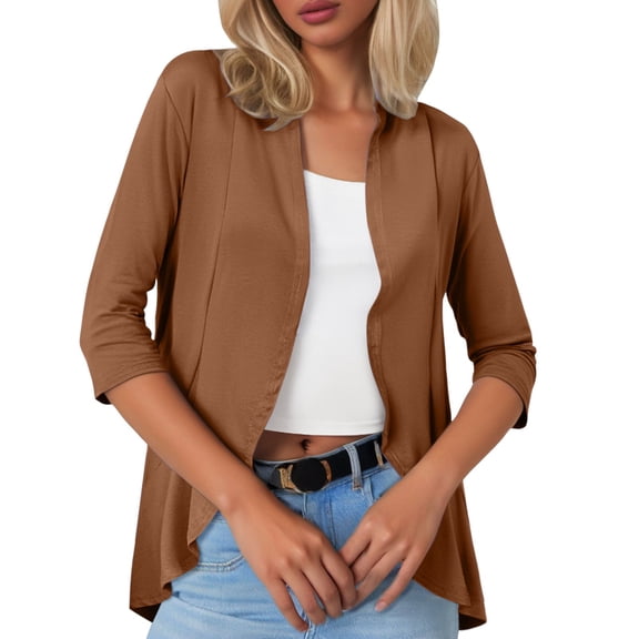 Hcyirli Elegant Ladies Casual 3/4 Sleeve Solid Cardigan Outerwear for Everyday Style and Comfort Wear Khaki XXL