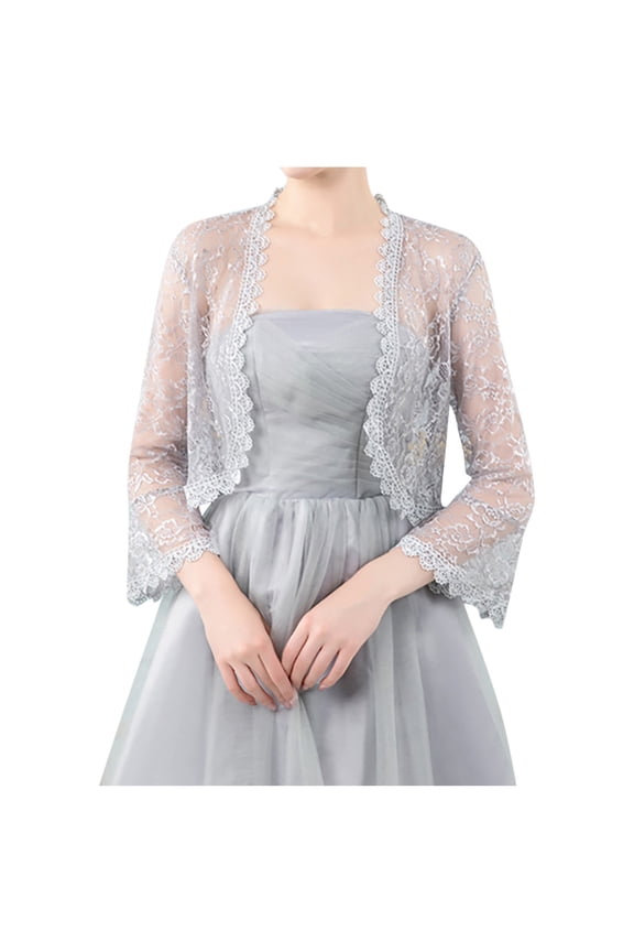 Fall Elegant Women's Cardigan Lace Cardigan with Flared Sleeves for Daily and Casual Warm Wear Grey Average