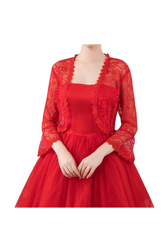 Fall Elegant Women's Cardigan Lace Cardigan with Flared Sleeves for Daily and Casual Warm Wear Red Average