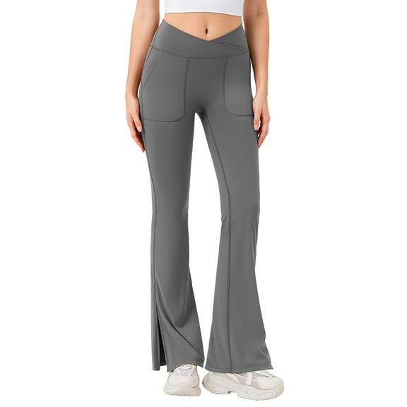 HJYCHN High Waist Yoga Pants with Strap Women Flared Leggings Lifting Fitness Trousers Comfortable Breathable Workout Long Pants Grey S