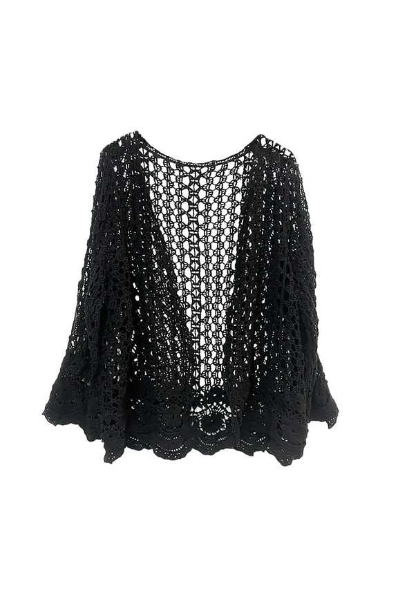 Summer Elegant Women's Cardigan Long Sleeve Floral Knit Scalloped Lace Coat Lightweight Fashion Outerwear Black Average