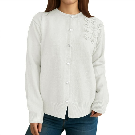 HJYCHN Women Elegant Floral Cardigan Knit Blouse Top for Autumn Winter Casual Wear Sweater Coat with Classic Design White S