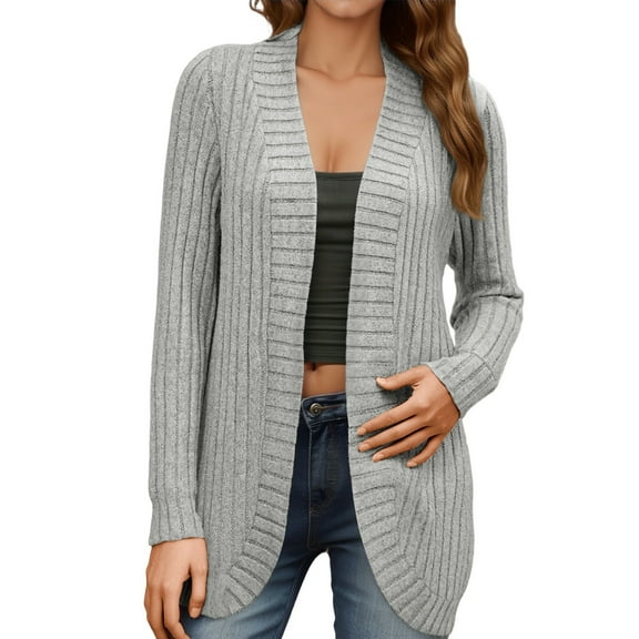 HJYCHN Women Elegant Knit Cardigan Long Sleeve Sweater Solid Color Ribbed Lightweight Autumn Fashion Outwear Grey M