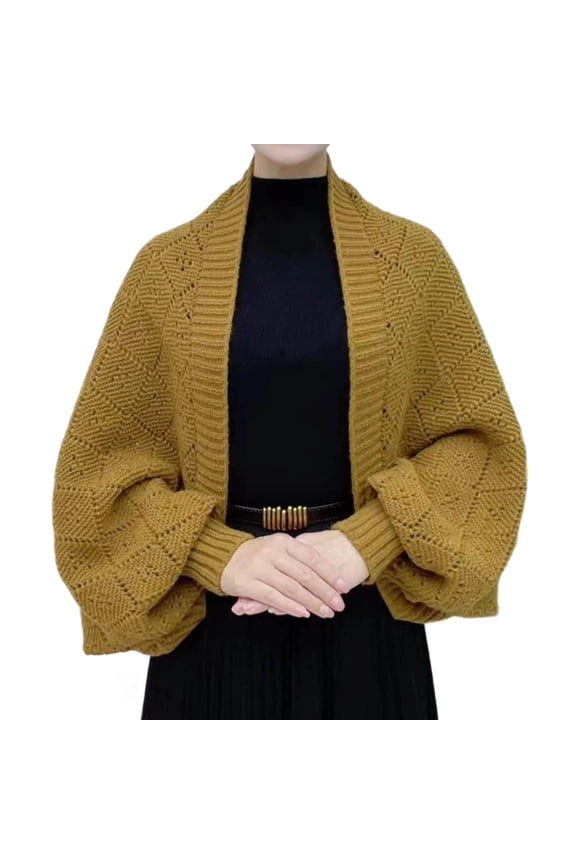 Women's Elegant Knitted Cardigan Winter Warm Checkered Shawl Collar Casual Sweater for Daily Outfits Gold Average