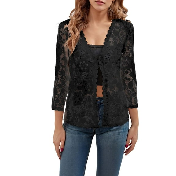 HJYCHN Women's Elegant Lace Cardigan for Everyday Wear Loose Fit Plus Size Out Summer Top Lightweight Blouse Top Black M