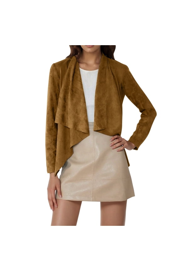 Women's Fall Cardigan Lapel Lightweight Leather Cropped Jacket Cozy Fabric Outerwear Brown L
