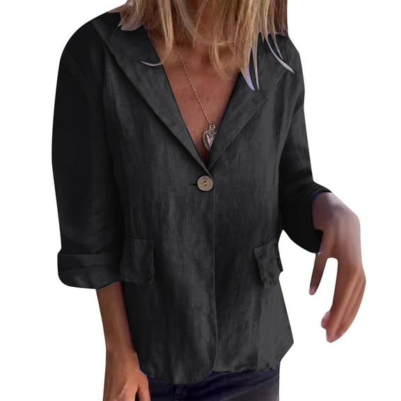 HJYCHN Women's Loose Fit Cardigan Linen Blend Notch Lapel Cardigan for Everyday Casual Outdoor Wear Black S