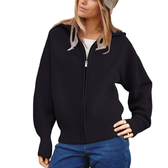 Hcyirli Women's Zip Up Cardigan Soft Knit Sweater Coat with Navy Collar Long Sleeve Outerwear Comfortable Loose Fit Fall Winter Tops Black Average
