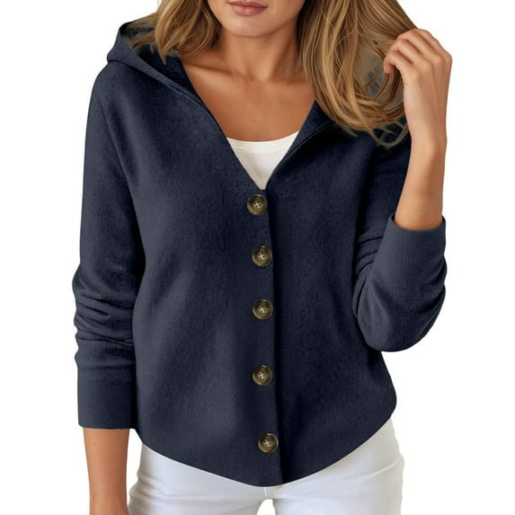 HJYCHN Womens Elegant Hooded Knit Cardigan Soft Lightweight Long Sleeve Sweater Comfortable Fall Winter Outerwear Top Navy XXL