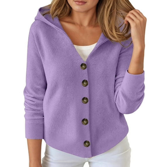 HJYCHN Womens Elegant Hooded Knit Cardigan Soft Lightweight Long Sleeve Sweater Comfortable Fall Winter Outerwear Top Purple XL