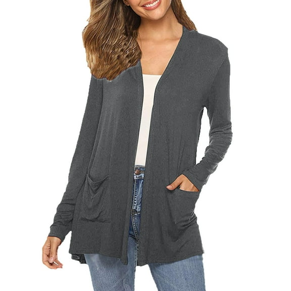 HJYCHN Womens Fall Elegant Caedigan Long Sleeve for Everyday Casual Wear Comfortable Loose Fit Knit Sweater with Convenient Side Pockets Grey L