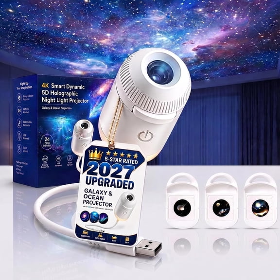 Hd Smart Dynamic 5d Holographic Night Light Projector Ocean Projector Plug Play Hd Star Projector, 360° Adjustable Hd Galaxy Ocean Projector for Bedroom Ceiling 2-in-1 Projector Night Light LED