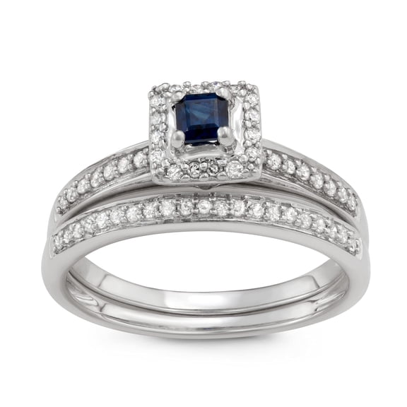 1/2 Carat Total Weight (cttw) 10K Wedding Rings with Blue Sapphire Gemstone - Diamond Halo Bridal Ring for Women (Ring Size: 7)