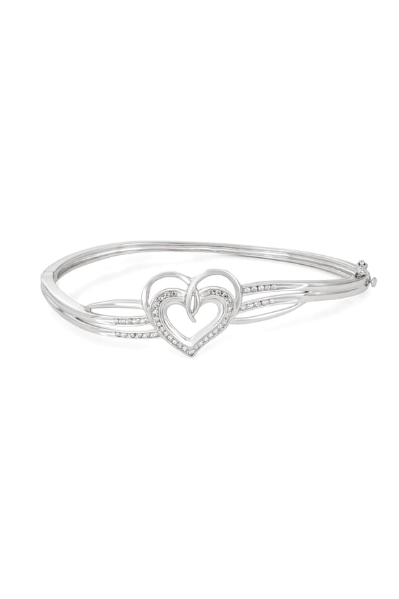 1/4 Carat Total Weight (CTTW) Natural White Diamonds Double Heart Fashion Bangle Bracelet in 925 Sterling Silver - Diamond Bracelet for Women/Adult