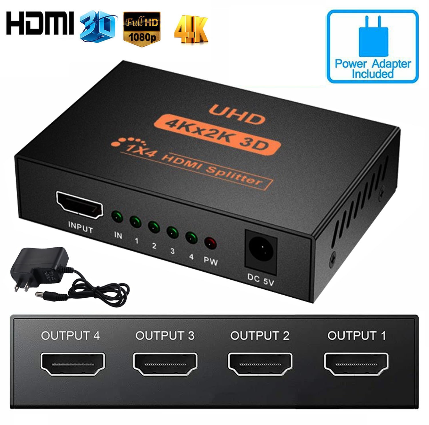 HDMI Splitter 1 in 4 Out 1x4 Hdmi Video Splitter Display Multiple  Duplicate/Mirror Screen,Supports Ultra HD 1080P 4K/2K and 3D,for