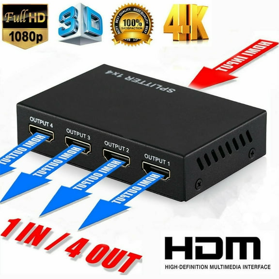 Hdmi Splitter 1 In 4 Out V1.4b Powered Hdmi Video Splitter With AC Adaptor Supports Ultra HD 1080P 4K@30Hz And 3D Resolutions (1 Input 4 Outputs)