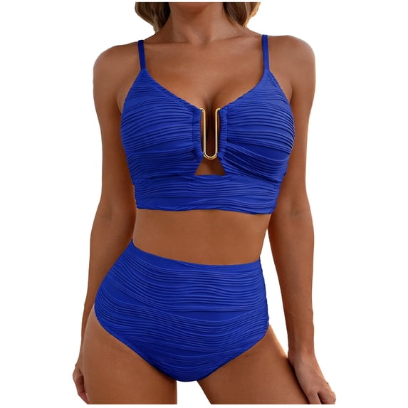 Hduncf 2 Piece Bikini Set U-Wire Cutout Swimsuit High Waisted Textured Trendy Summer Beach Swim Bathing Suits Blue XXL