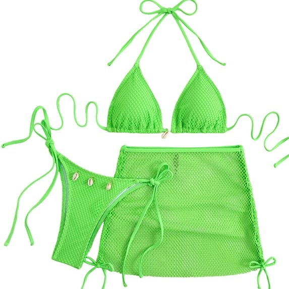 Hduncf 3 Piece Swimsuit for Women Fishnet Halter Triangle String Bikini Set Bathing Suit with Cover Up Beach Skirt Green L