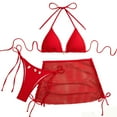 thumbnail image 1 of Hduncf 3 Piece Swimsuit for Women Fishnet Halter Triangle String Bikini Set Bathing Suit with Cover Up Beach Skirt Red XL, 1 of 9