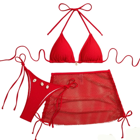 Hduncf 3 Piece Swimsuit for Women Fishnet Halter Triangle String Bikini Set Bathing Suit with Cover Up Beach Skirt Red XL