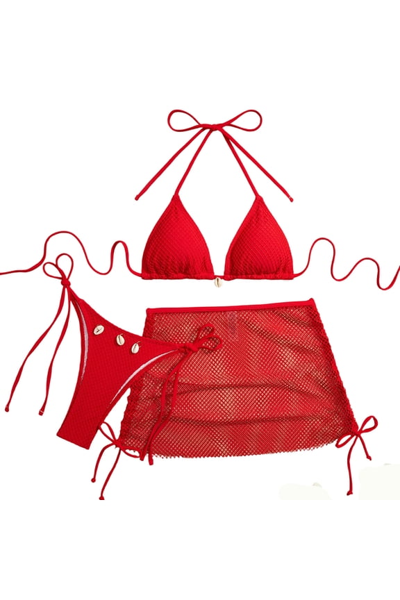 3 Piece Swimsuit for Women Fishnet Halter Triangle String Bikini Set Bathing Suit with Cover Up Beach Skirt Red XL