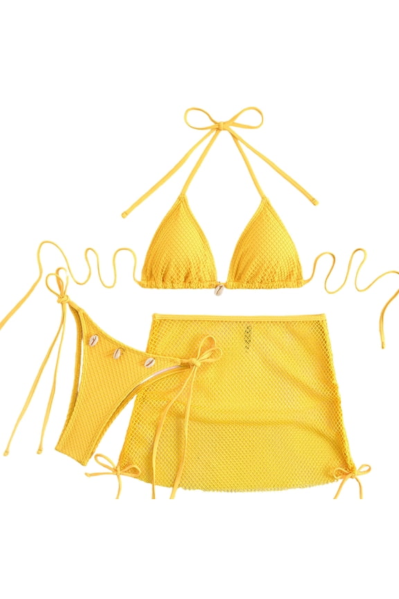 3 Piece Swimsuit for Women Fishnet Halter Triangle String Bikini Set Bathing Suit with Cover Up Beach Skirt Yellow M
