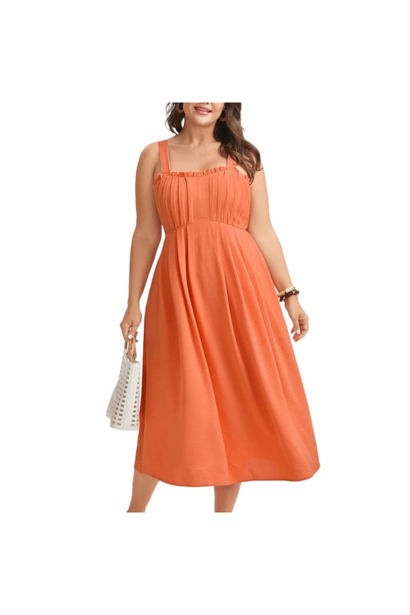 Adjustable Spaghetti Strap Midi Dress for Women Summer Boho Dress Casual Plus Size Dresses Sleeveless Dresses Vacation Outfits Orange L