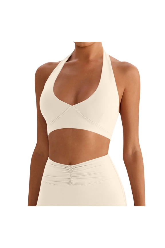 Athletic Bras for Womens Halter Neck Backless Bra High Elasticity Push Up Tight Tops with Removable Padded Bra Beige L