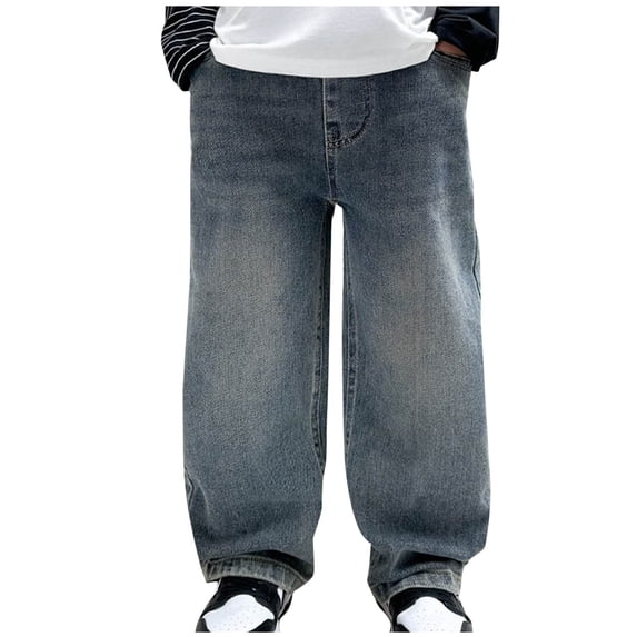 Hduncf Big Boys Jeans Kids Elastic Waist Denim Jeans Pants Relaxed-Fit Leisure Long Pants Gray 10 Years