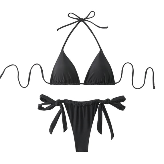 Hduncf Bikini Sets for Women Two Piece Swimsuits Halter String Triangle Bathing Suit Solid Color Tie Side Bottom Swimwear Black M