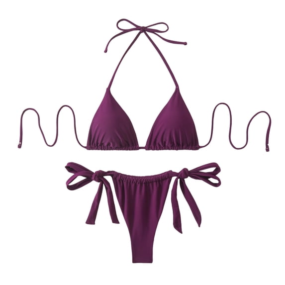 Hduncf Bikini Sets for Women Two Piece Swimsuits Halter String Triangle Bathing Suit Solid Color Tie Side Bottom Swimwear Purple L
