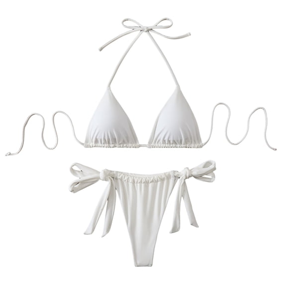 Hduncf Bikini Sets for Women Two Piece Swimsuits Halter String Triangle Bathing Suit Solid Color Tie Side Bottom Swimwear White S