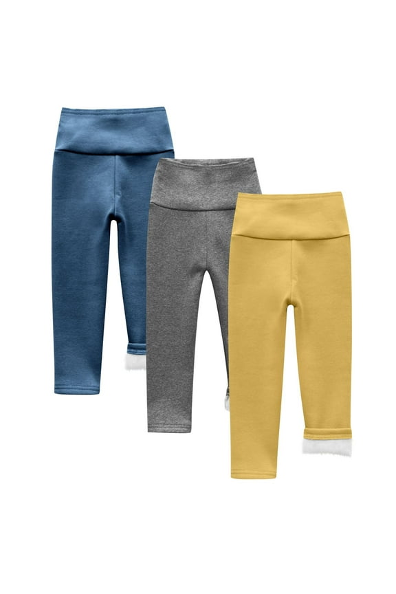 Boy Girl's 3-Pack High Waisted Pants Fleece Lined Thick Warm Pants Solid Elastic Waist Bottoms for Toddlers Baby Blue 4 Years