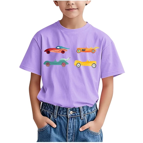 Hduncf Boy's Handsome Racing Car Print Short Sleeve Crewneck T-Shirts Top Tee Size 3-15 Years Toddler Boys T-shirt Purple 7 Years