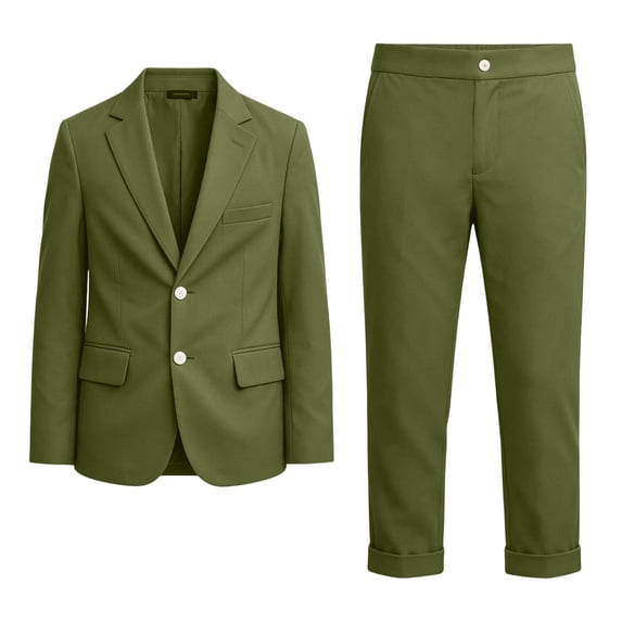 Hduncf Boys' 2 Piece Formal Suit Set School Uniform Performance Clothes Trendy Long Sleeve Blazer Straight Leg Dress Pants Green 11-12Years
